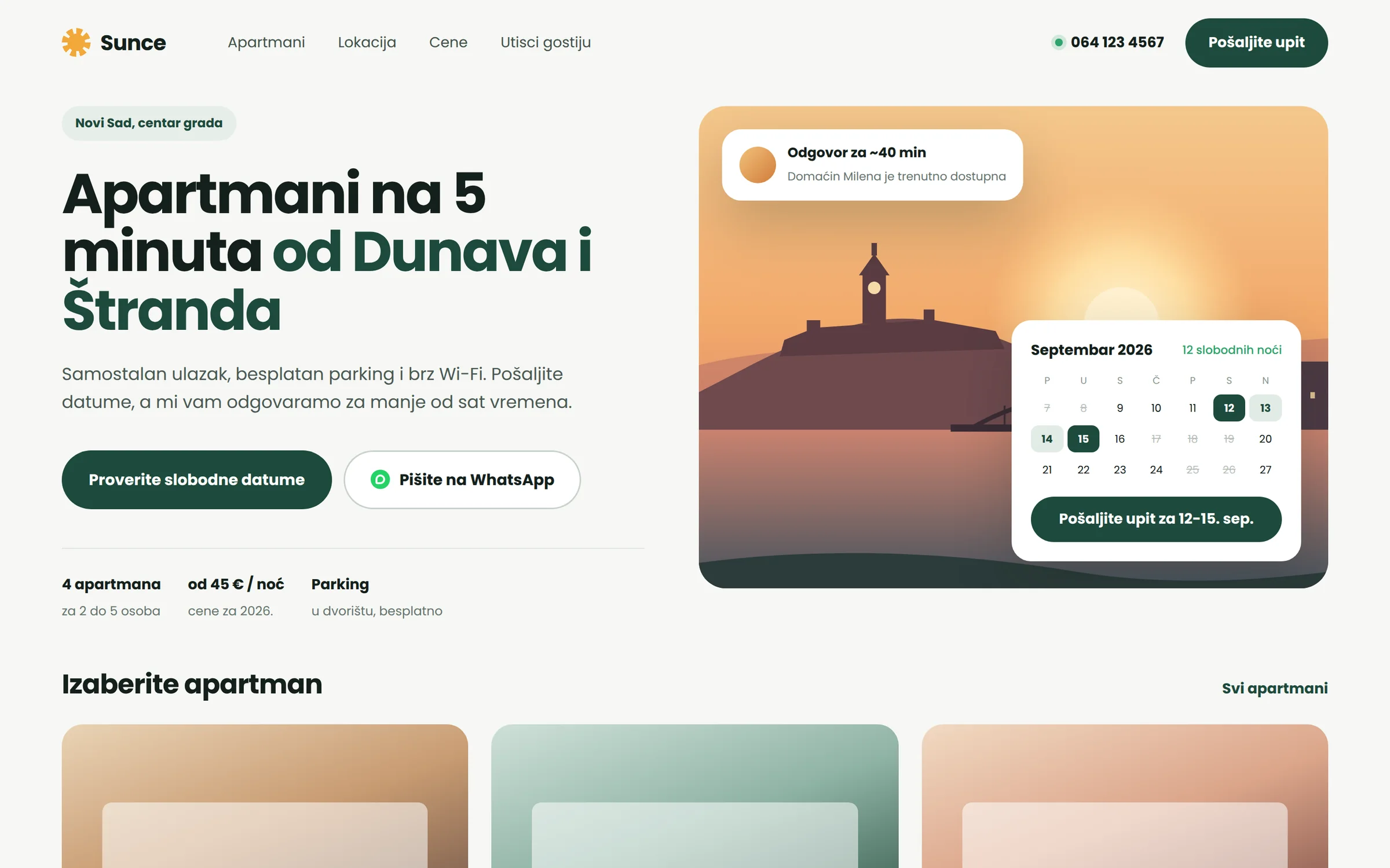 Koncept redizajna: moderan sajt apartmana sa jasnim naslovom, telefonom i dugmetom za upit